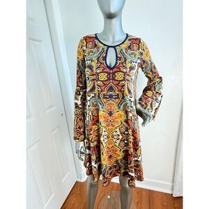 Haani Boho Retro Psychedelic Paisley Bell Sleeve Keyhole Tunic Mini Dress M